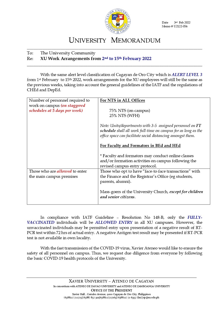 U2122 056 210203 XU Work Arrangements from February 2 15 2022 page 0001