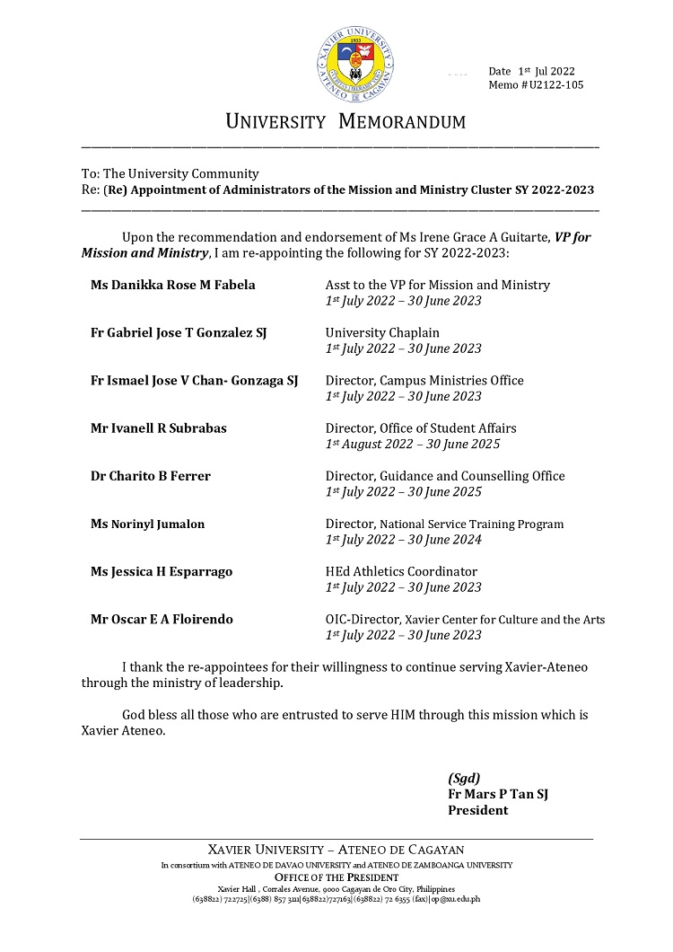 U2122 105 220701 ReAppointment of Administrators for Mission and Ministry Cluster SY 2022 2023 page 0001 Copy