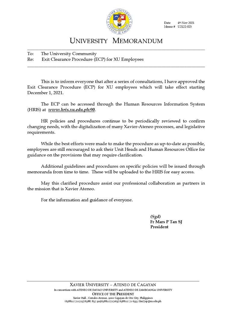 U2122 025 211104 Exit Clearance Procedure for XU Employees page 0001