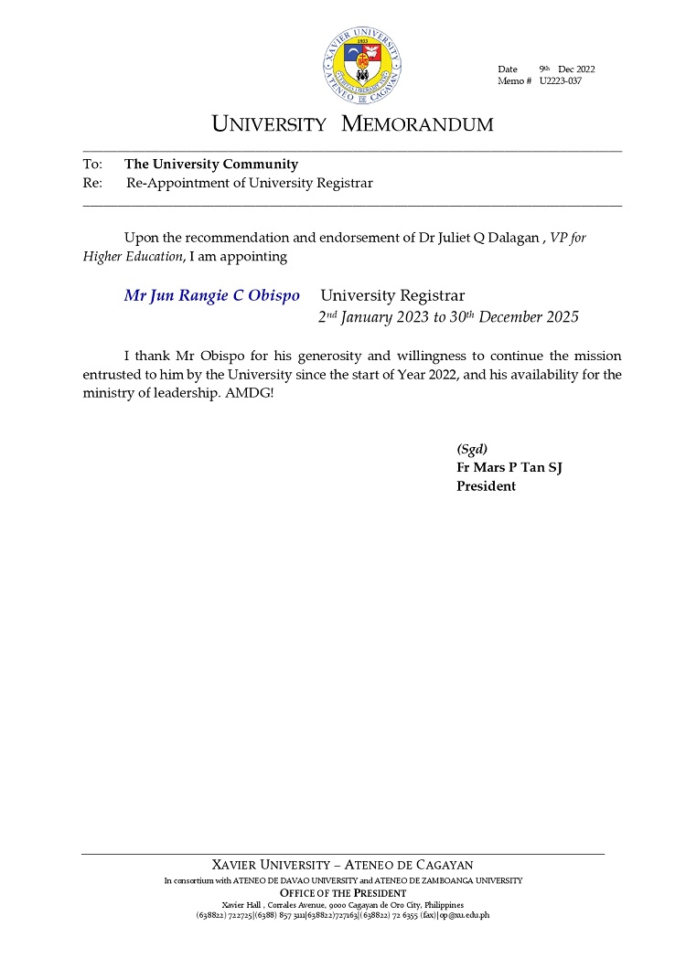 U2223 037 221209 Re Appointment of University Registrar page 0001