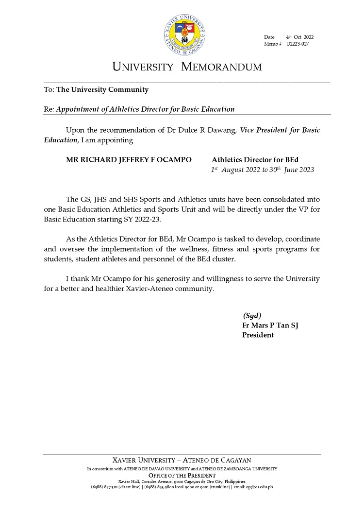 U2223 017 221004 Appointment of Athletics Director for Basic Education page 0001