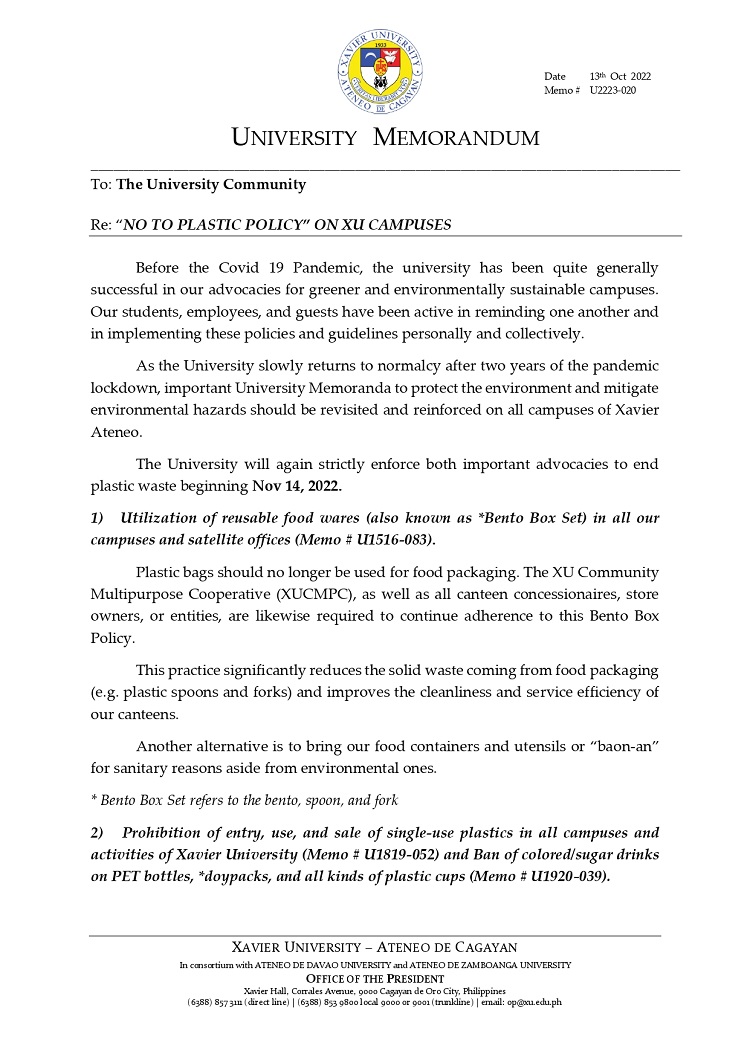 U2223 020 221013 No To Plastic Policy on XU Campuses page 0001