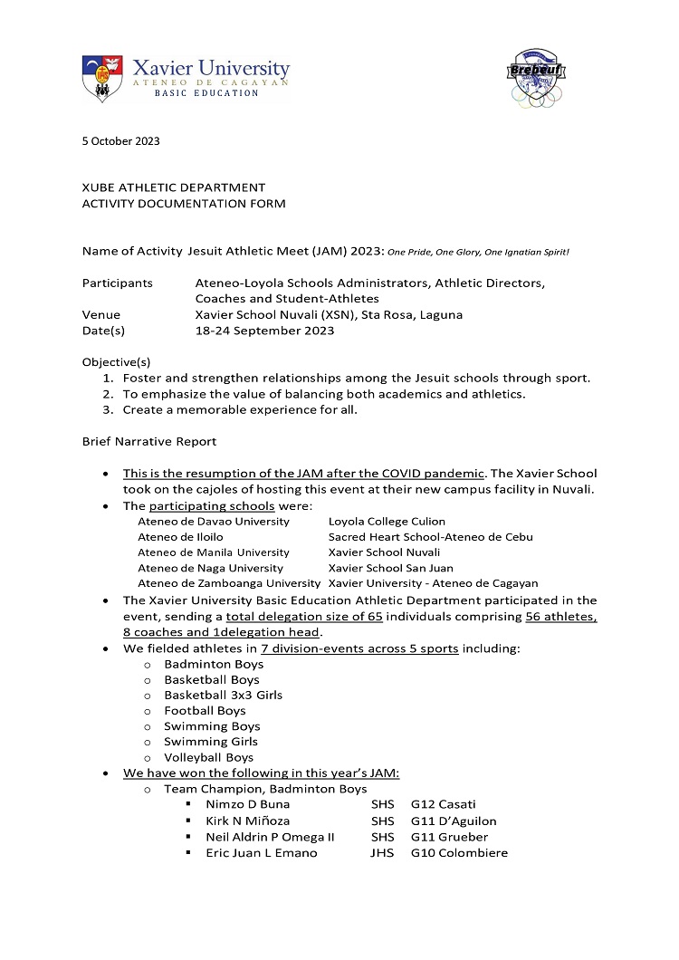 10062023.Web.XUBE Activity Documentation Form JAM2023 Basic Education Athletics Office Xavier University page 0001