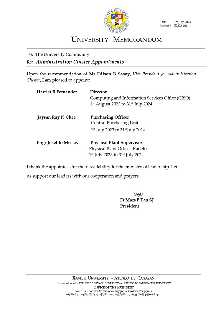 08032023.MemoU.Web.U2223 104 Administration Cluster Appointments page 0001