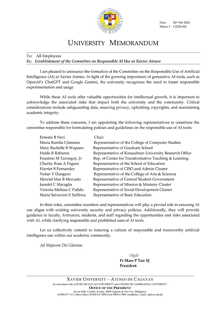 03132024.Web.MemoU U2324 062 Establishment of the Committee on Responsible AI Use at Xavier Ateneo