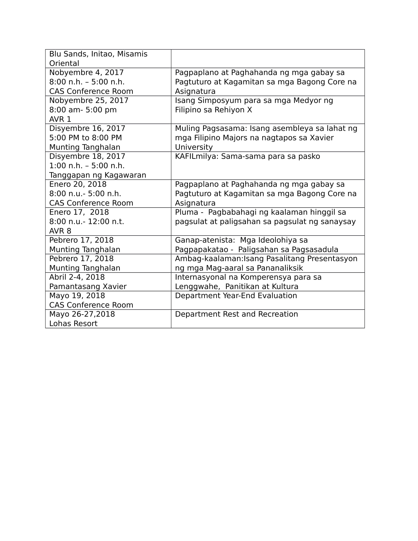 Xavier University Filipino Department Calendar of Activities