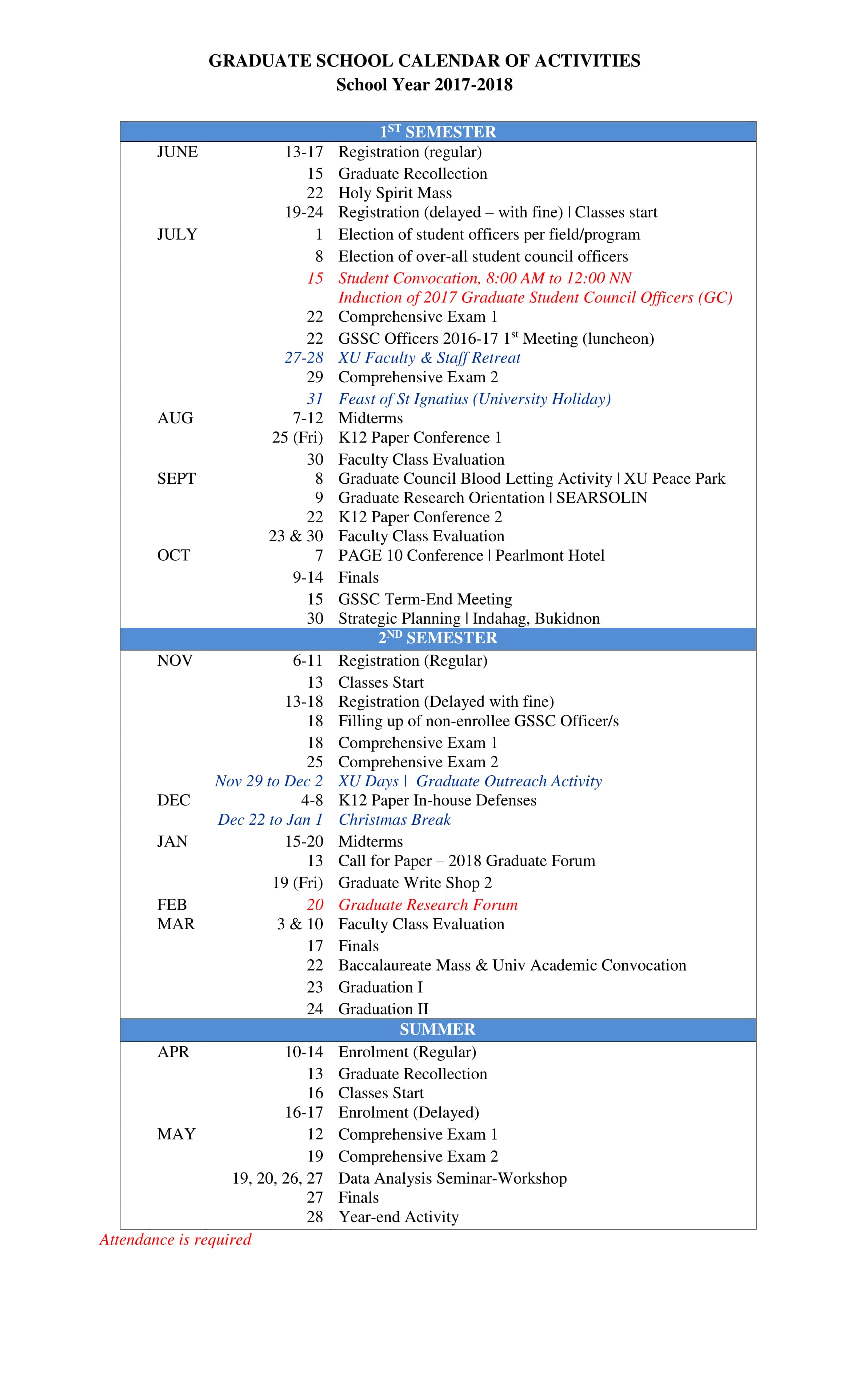 Xavier University - SY 2017-2018 Graduate School Calendar of Activities