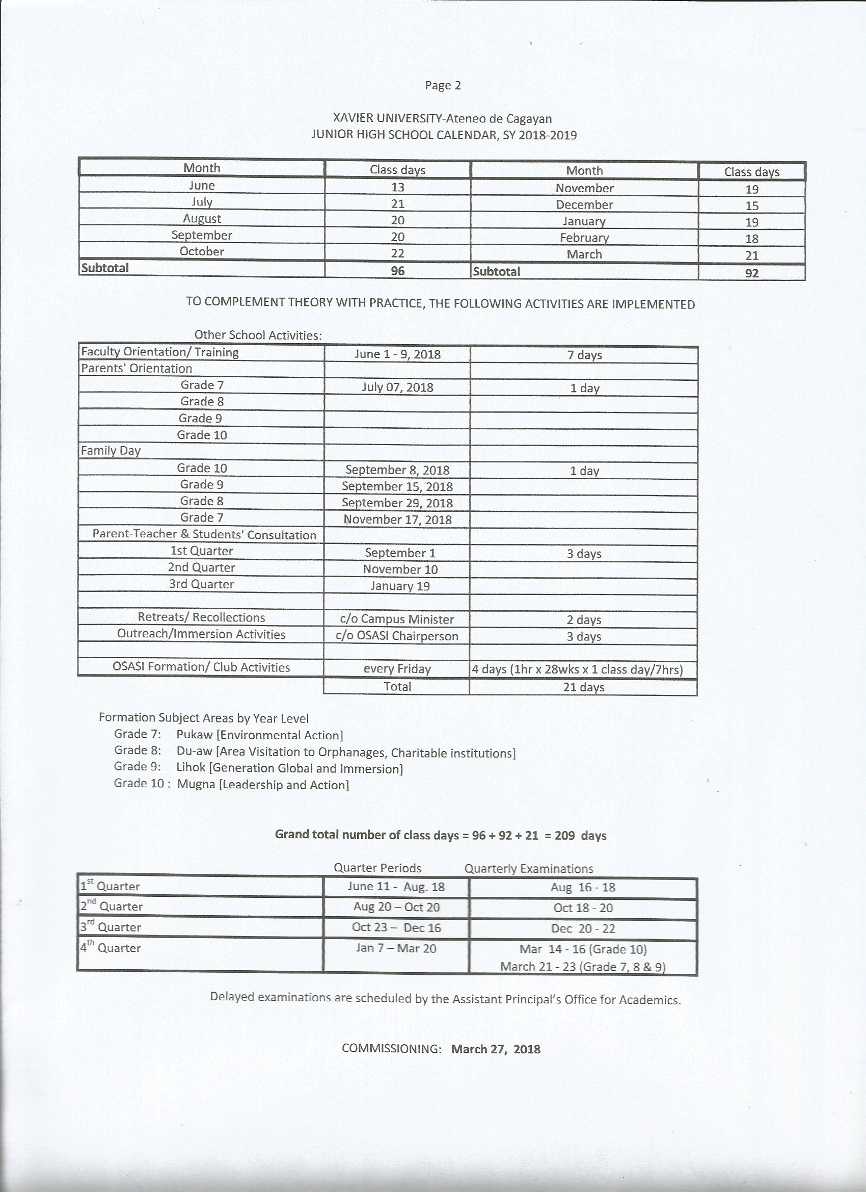 Xavier University JHS School Calendar