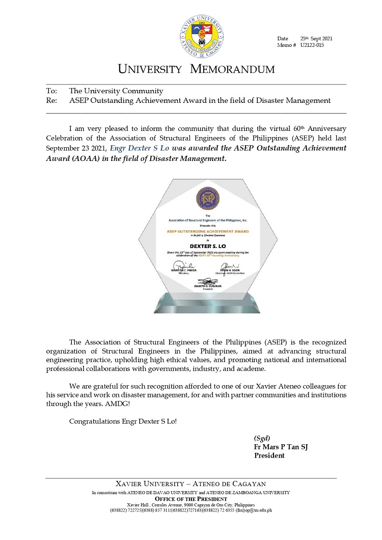 U2122 015 210925 ASEP Outstanding Achievement Award AOAA in the field of Disaster Management page 0001
