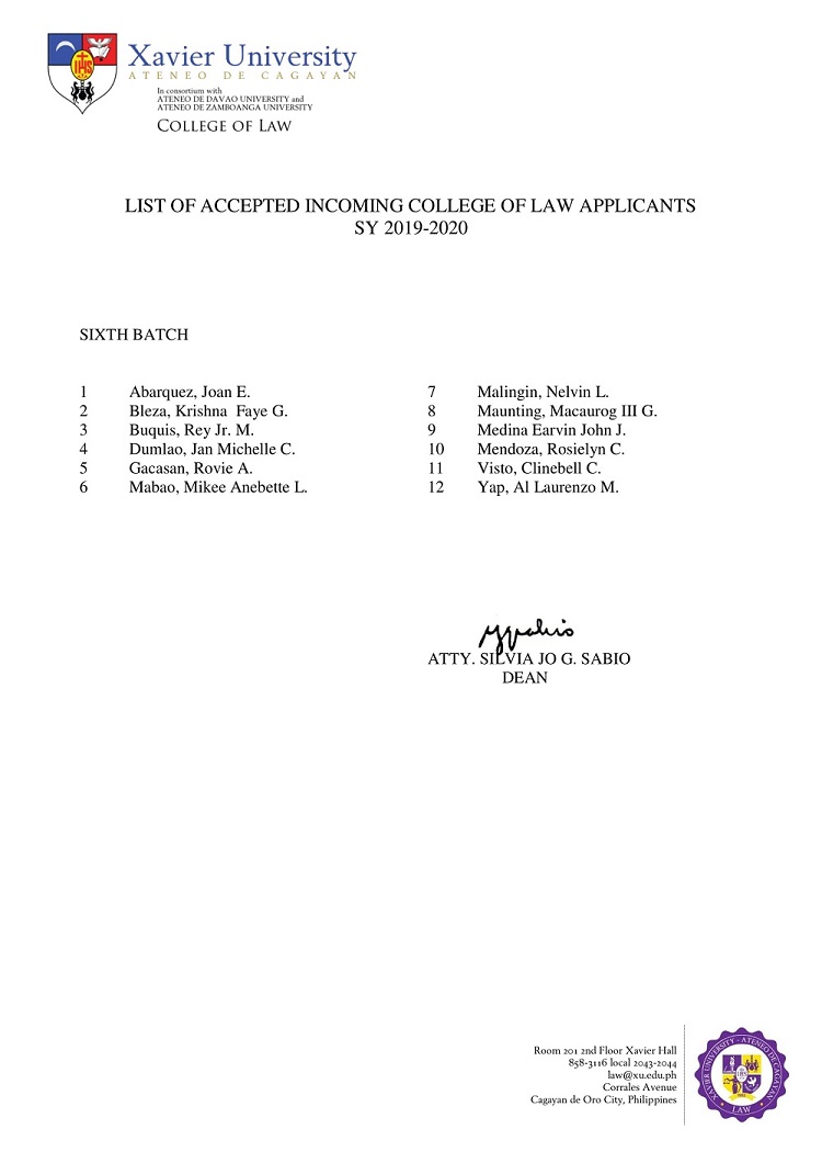 2019 2020 List of Accepted Incoming College of Law Applicants 6th Sixth Batch 1
