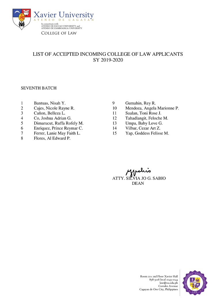 2019 2020 List of Accepted Incoming College of Law Applicants 7th Seventh Batch 1