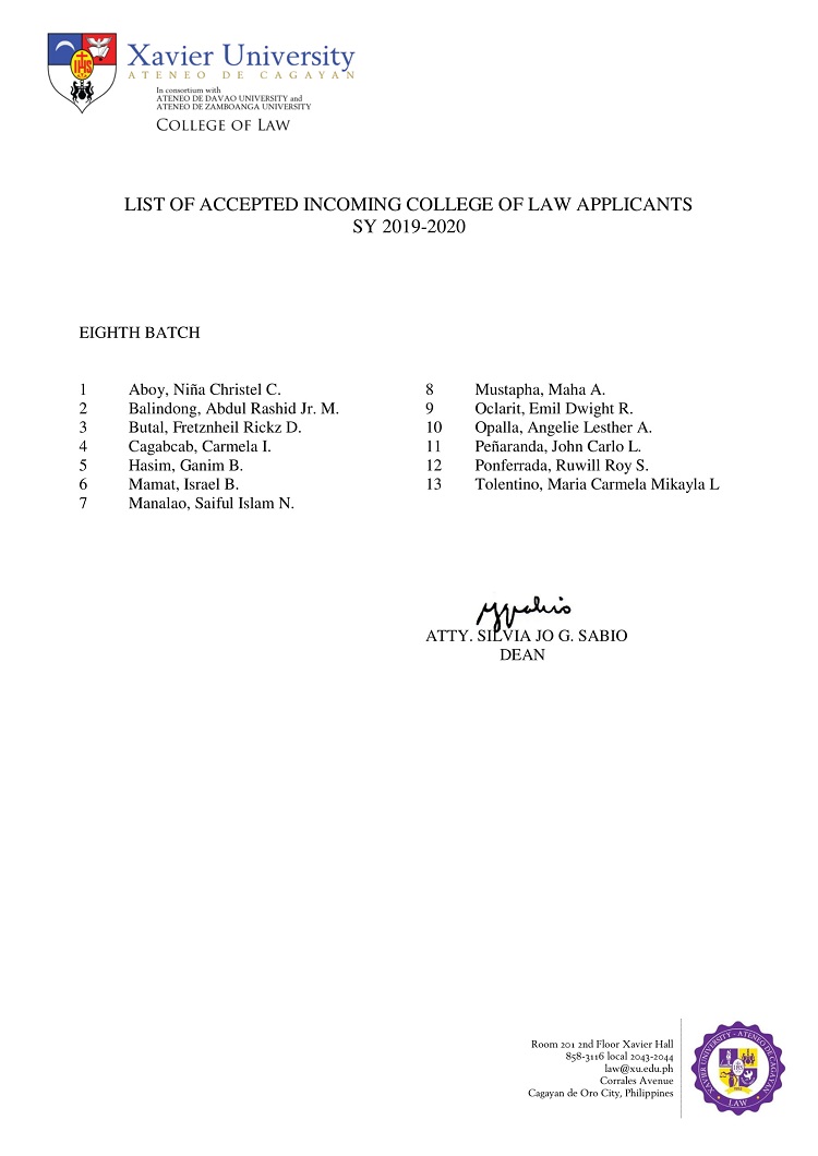 2019 2020 List of Accepted Incoming College of Law Applicants 8th Eighth Batch 1