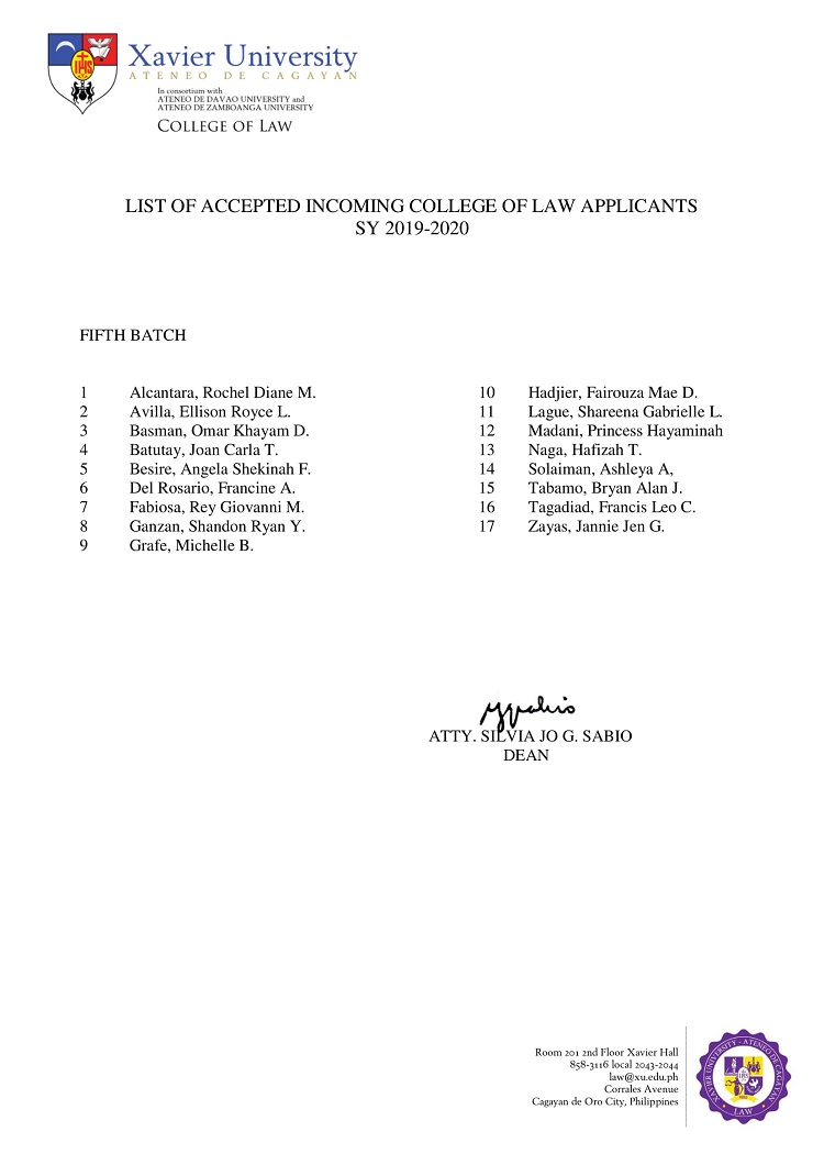 2019 2020 List of Accepted Incoming College of Law Applicants Fifth Batch 1