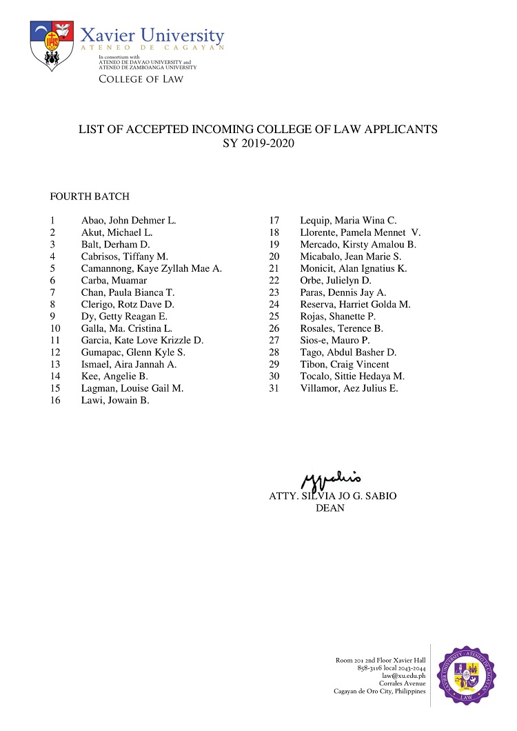 2019 2020 List of Accepted Incoming College of Law Applicants Fourth Batch 1