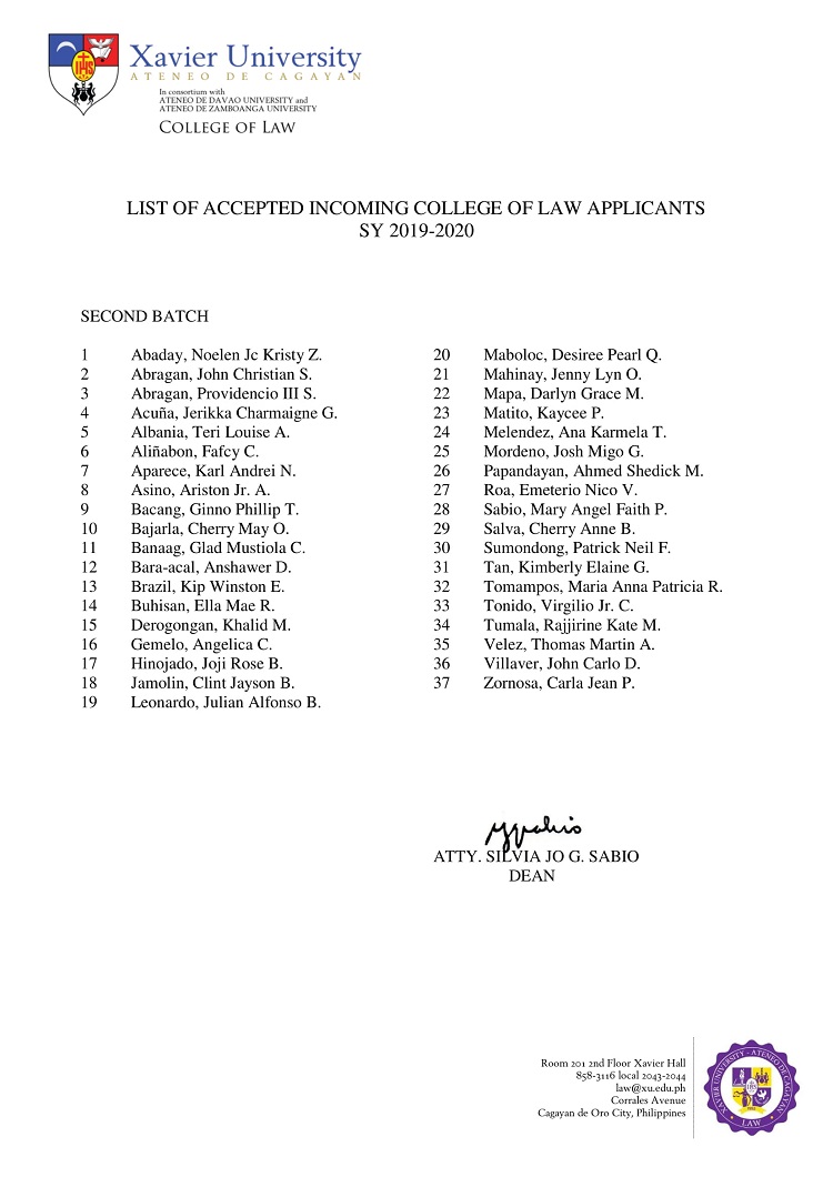 2019 2020 List of Accepted Incoming College of Law Applicants Second Batch 1