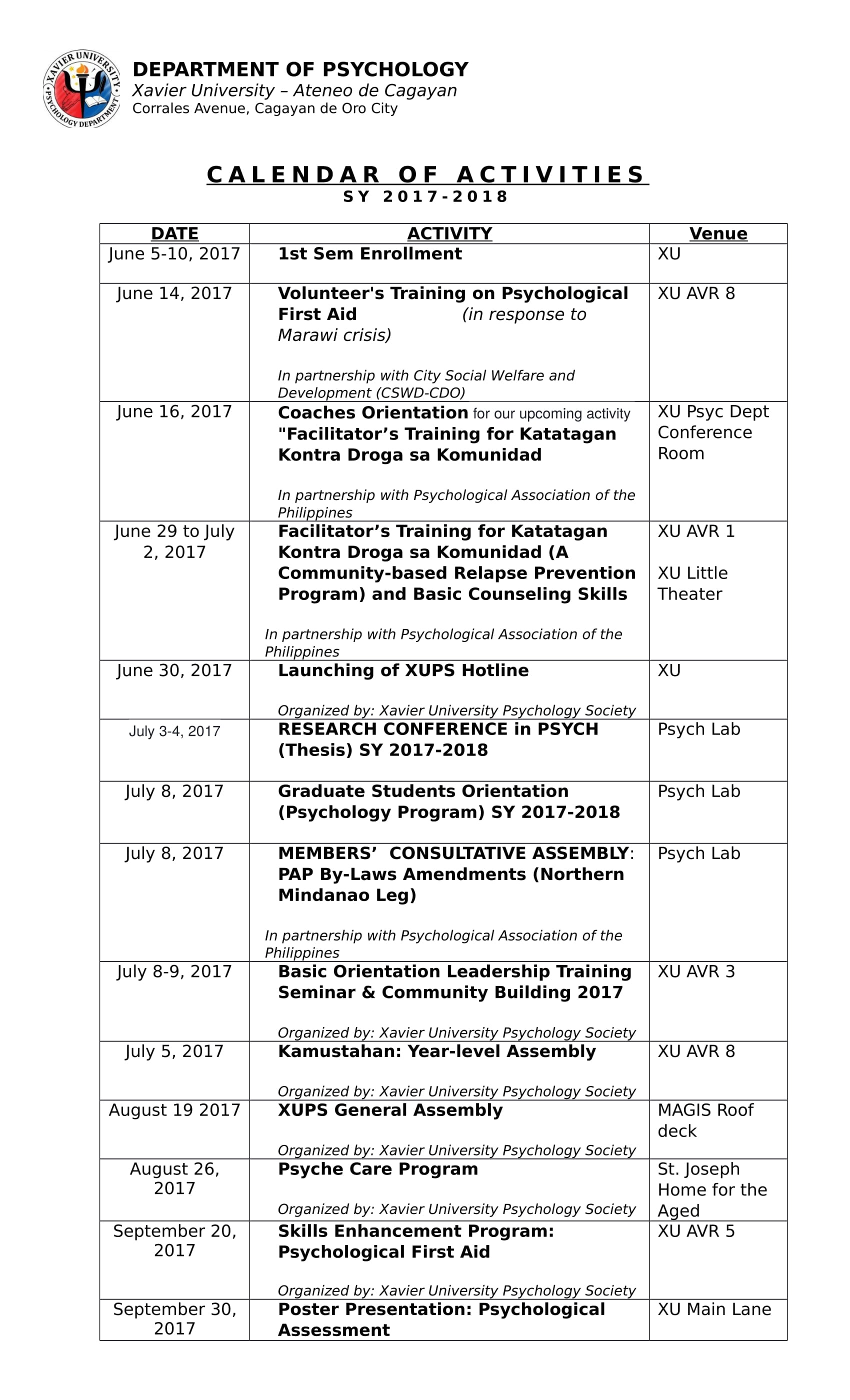 Xavier University Calendar of Activities