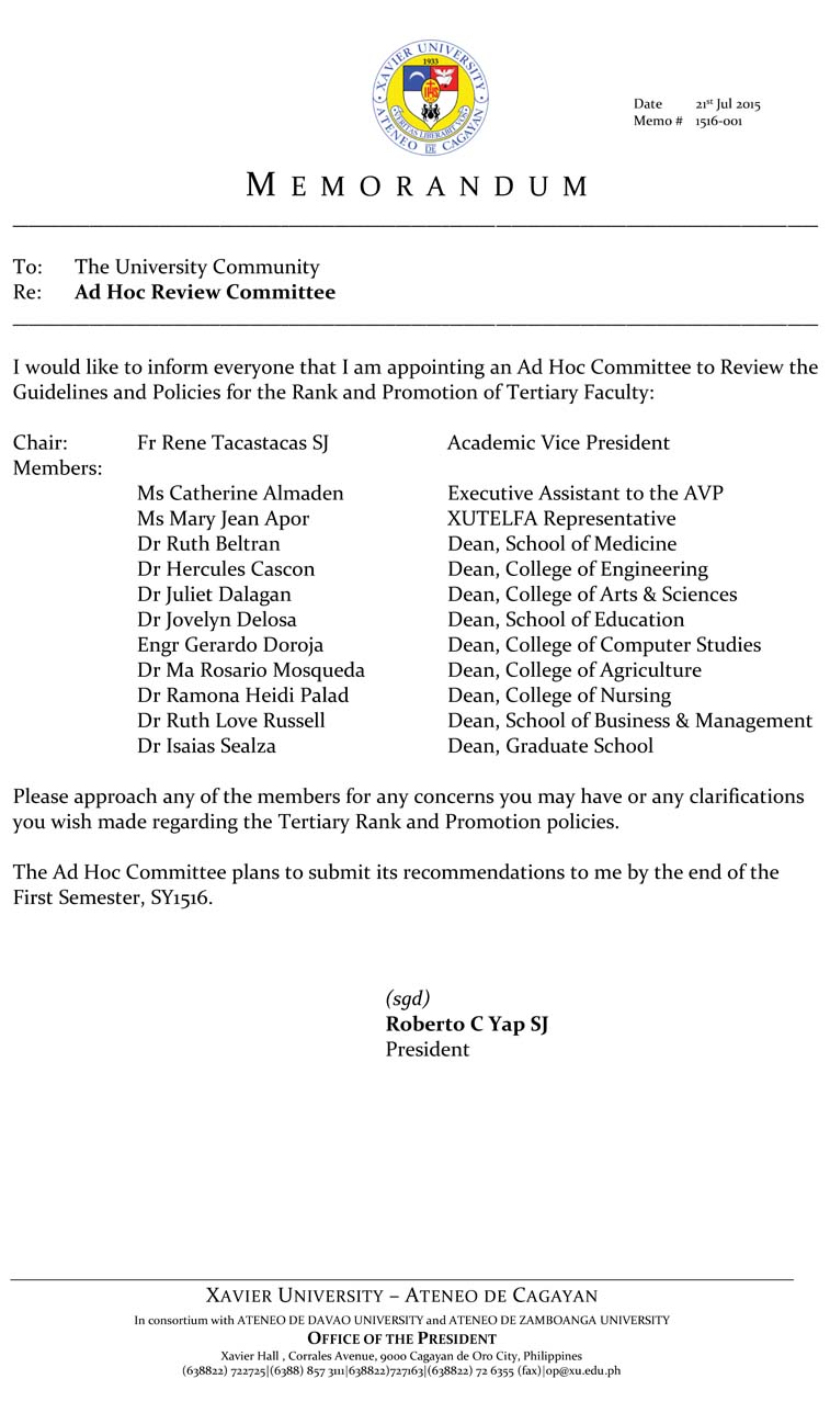 Xavier University - Ad Hoc Review Committee