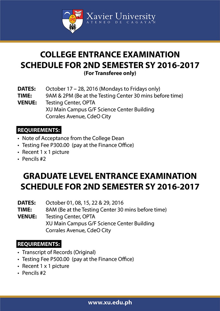 Xavier University Entrance Exam Schedules College Transferees and