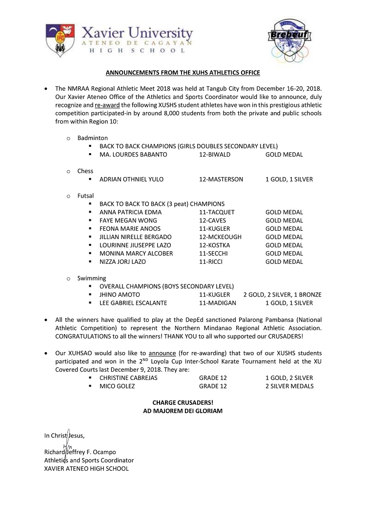 XUHSAO Announcements SHS Regional 2018 1