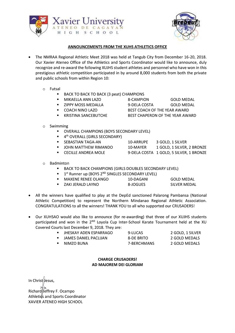 XUHSAO Announcements re Regional Meet 2018 jhs 1