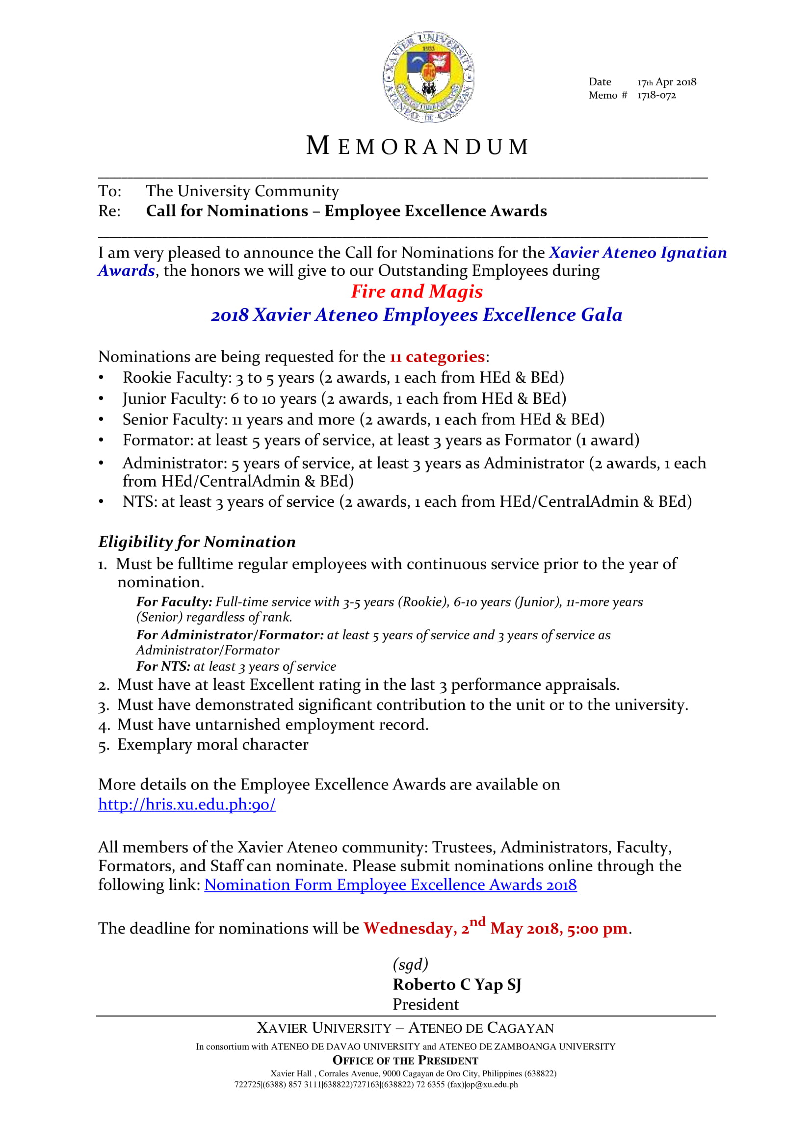 Revise U072 180417 Call for Nominations Employee Excellence 1