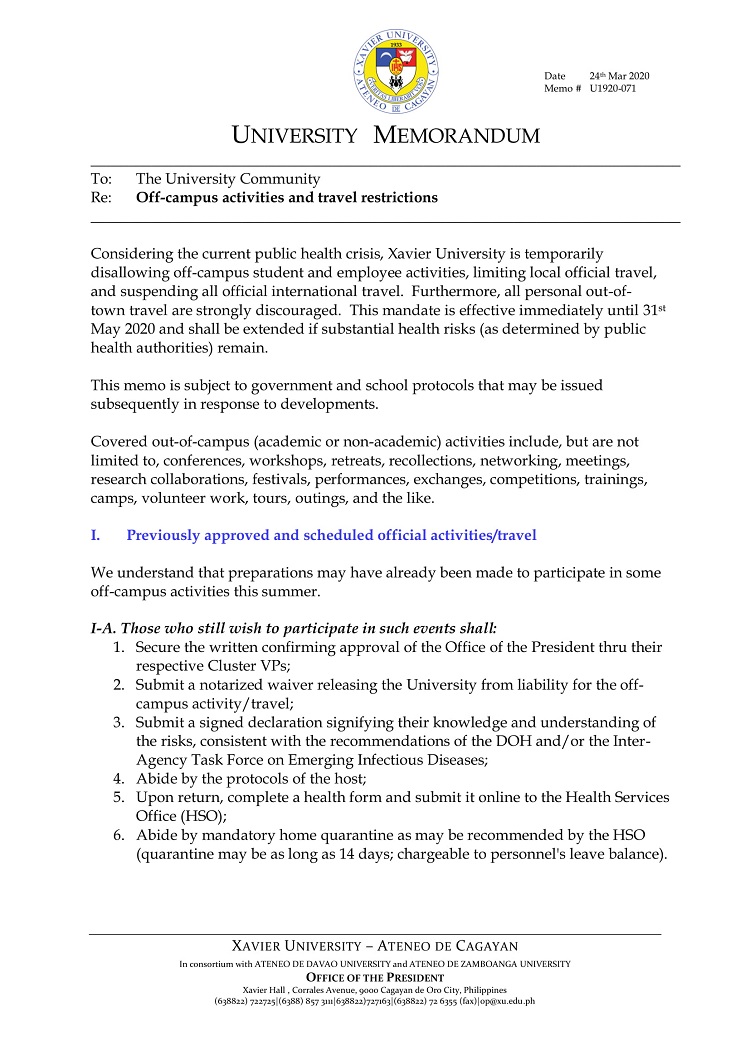 U1920 071 200324 Off campus activities Travel Restrictions 1