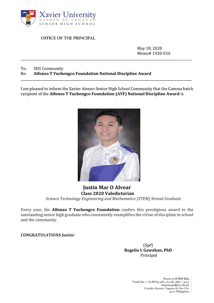 Memorandum 1920 016 AYF 2020 Awardee FF 1