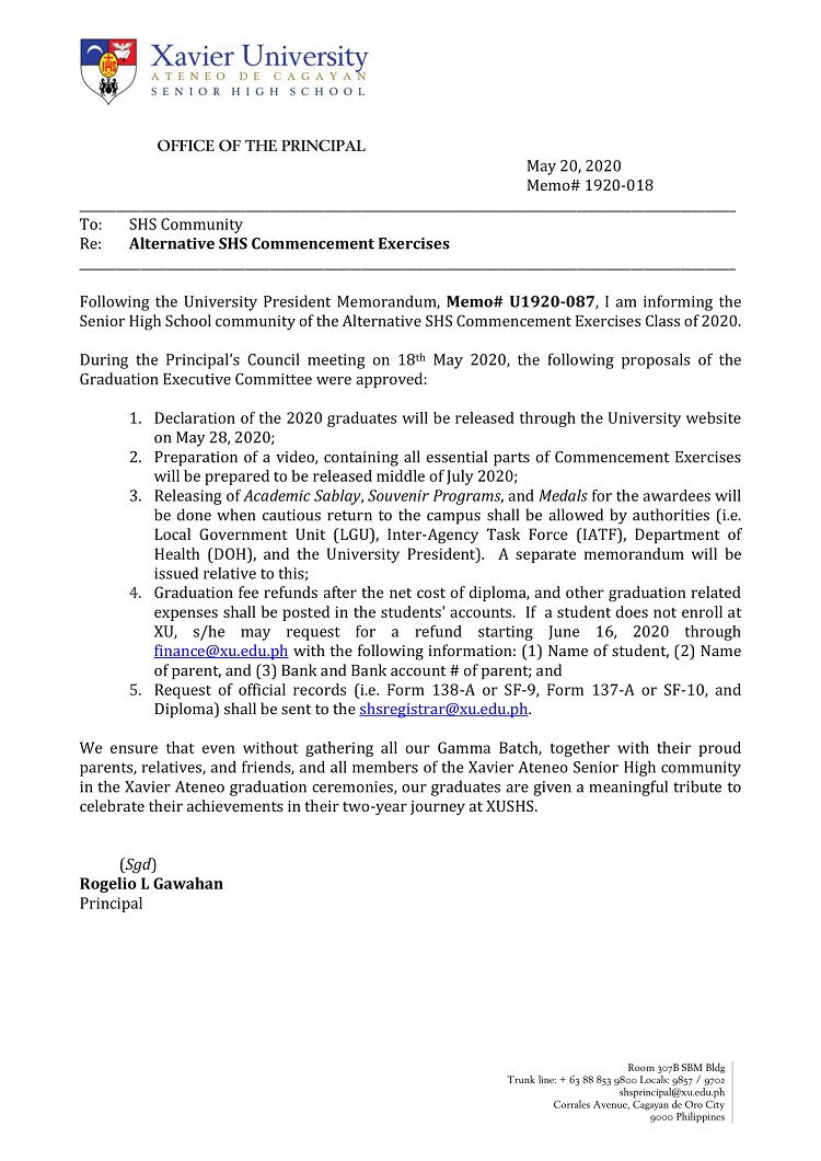 Memorandum 1920 018 Alternative SHS Commencement Exercises FF 1