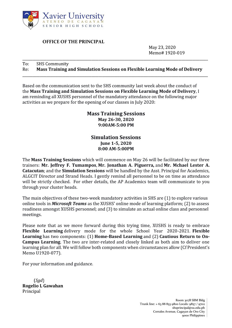 Memorandum 1920 019 Mass Training and Simulation sessons on Flexible Learning mode of delivery 1