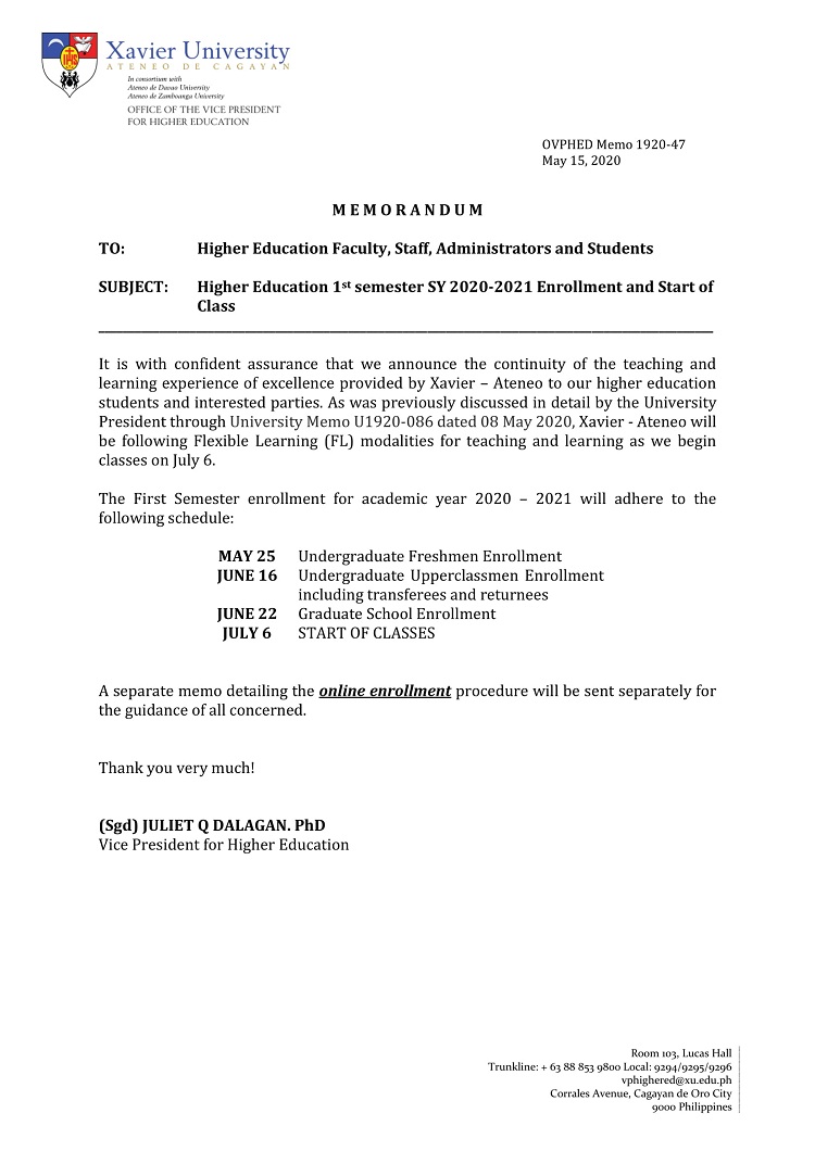 OVPHED Memo 1920 47 1st sem enrollment ver 2 1