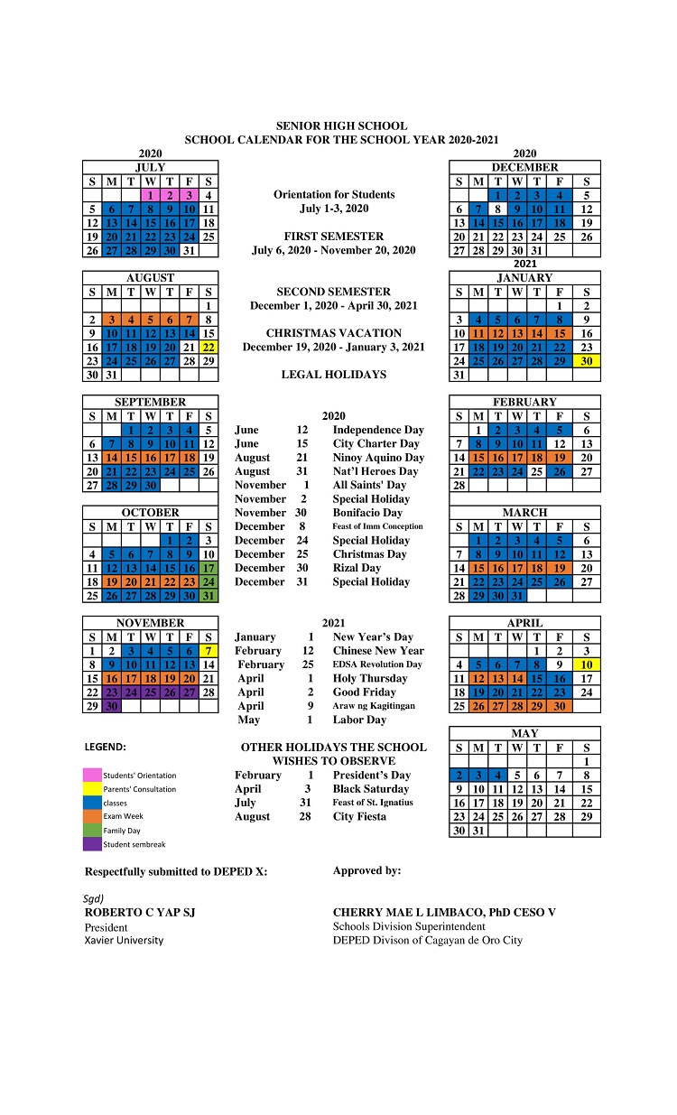 Xavier University Senior High School Academic Calendar