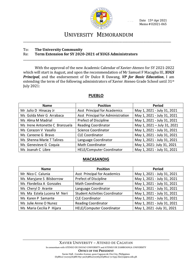 U2021 065 210415 Term Extension for SY 2020 2021 of XUGS Admin 1