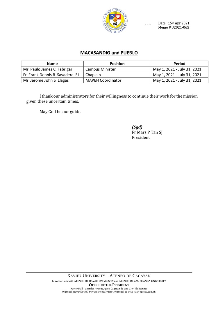 U2021 065 210415 Term Extension for SY 2020 2021 of XUGS Admin 2