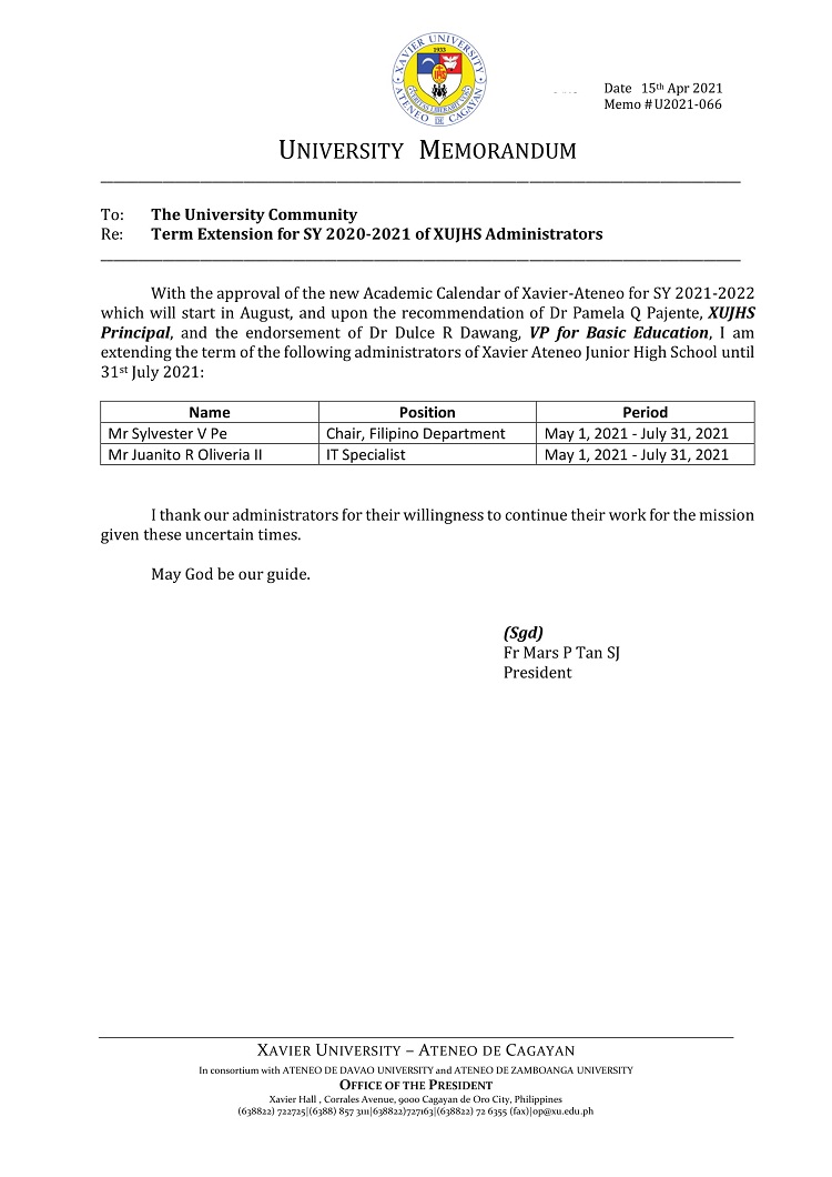 U2021 066 210415 Term Extension for SY 2020 2021 of XUJHS Admin 1