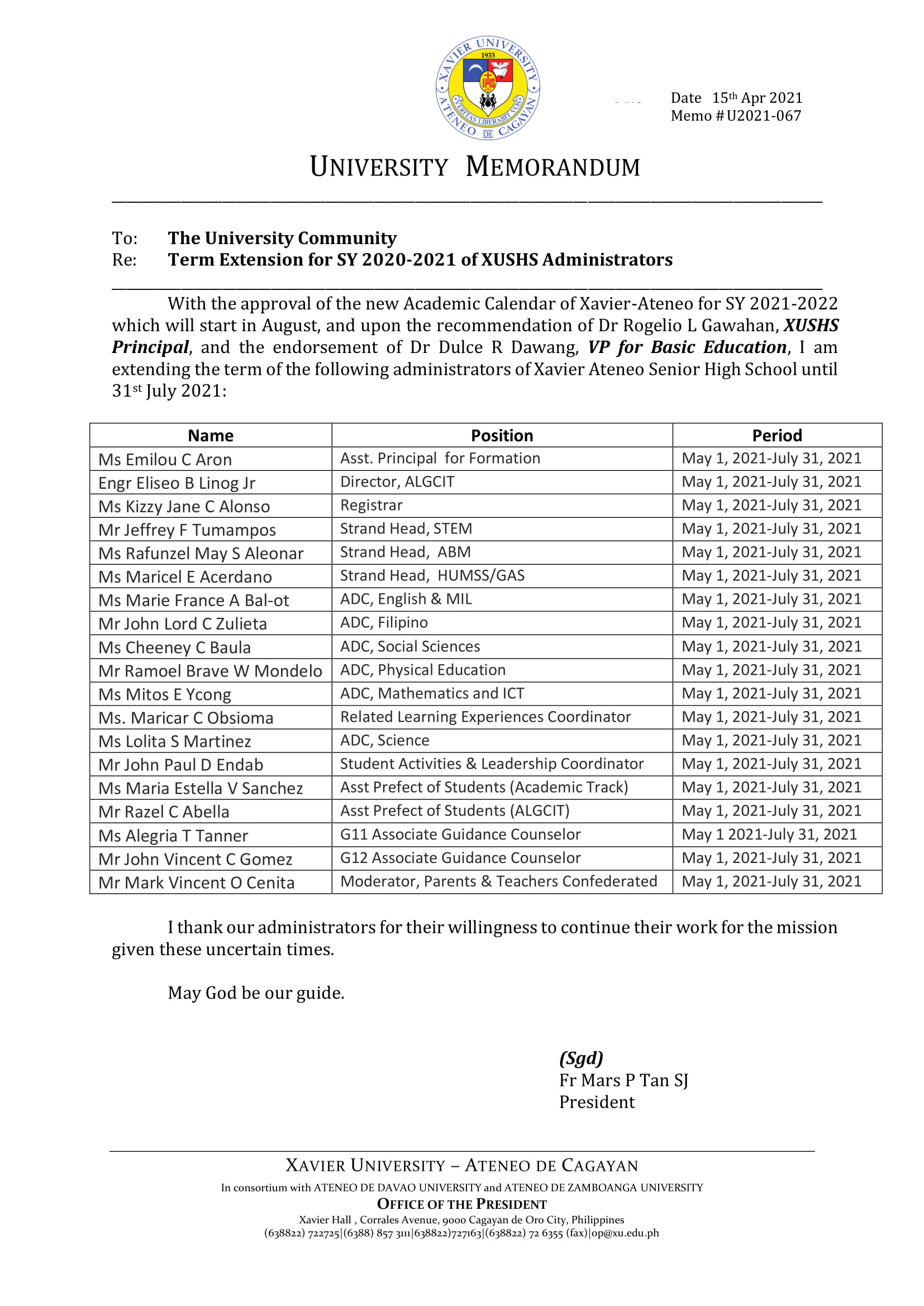 U2021 067 210415 Term Extension for SY 2020 2021 of XUSHS Admin 1