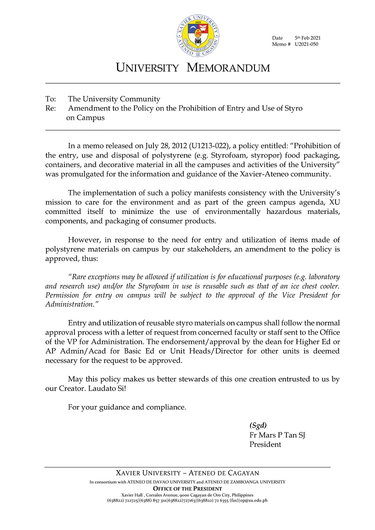 U2021 050 210205 Amendment to Policy on Entry and Use of Styro on Campus 1