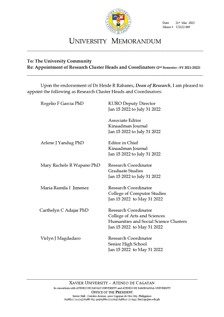 U2122 069 220321 Appointment of Research Cluster Heads and Coordinators 2nd Semester SY 2021 2022 page 0001