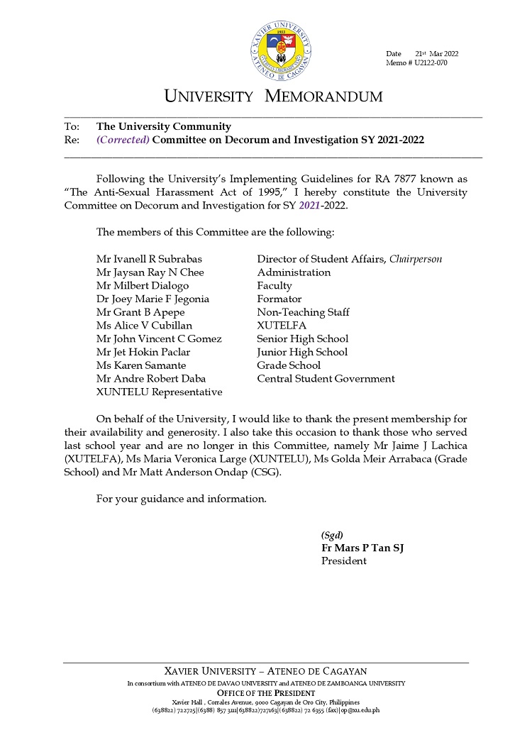 U2122 070 220321 Corrected Committee on Decorum and Investigation SY 2021 2022 page 0001