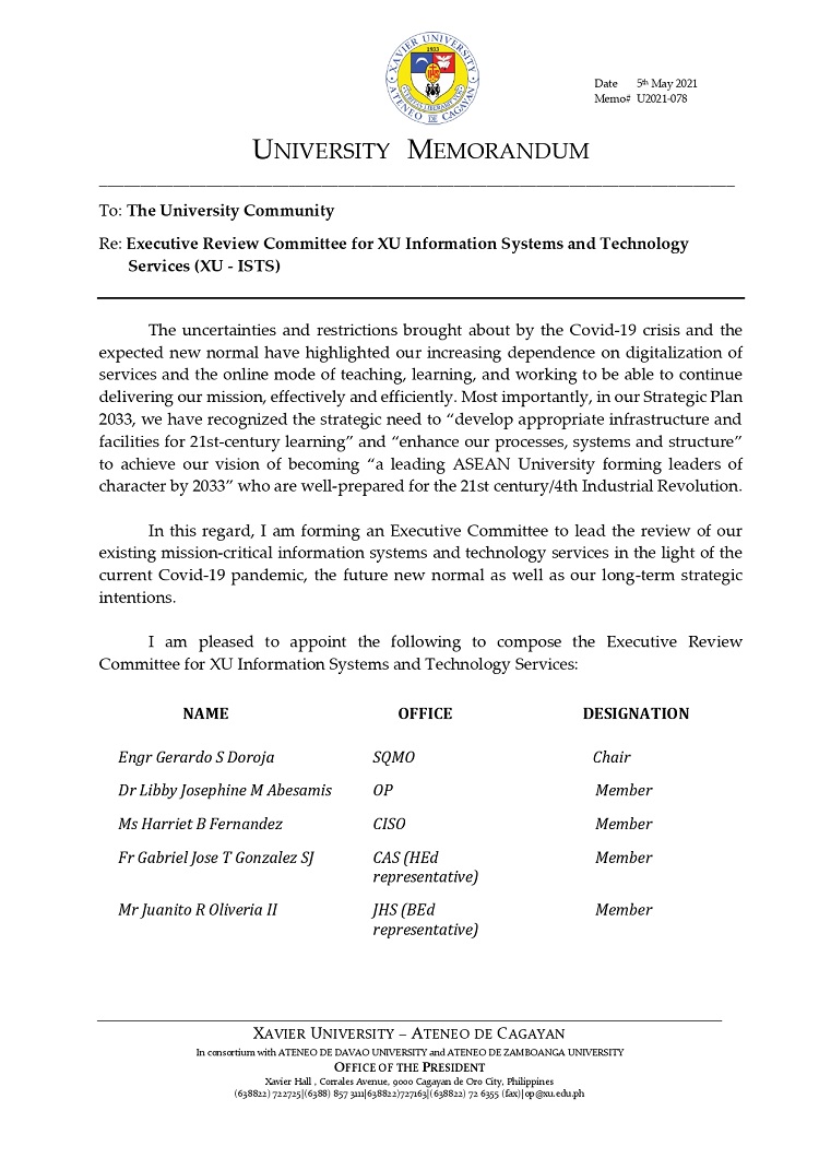U2021 078 210505 Executive Review Committee for XU ISTS page 0001