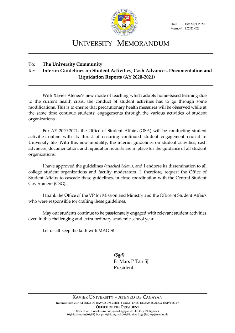 U2021 023 200915 Interim Guidelines on Student Activities page 001