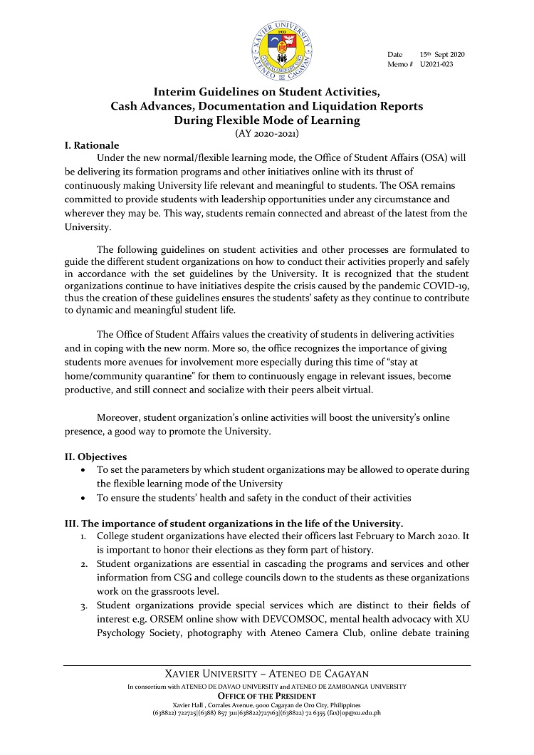 U2021 023 200915 Interim Guidelines on Student Activities page 002