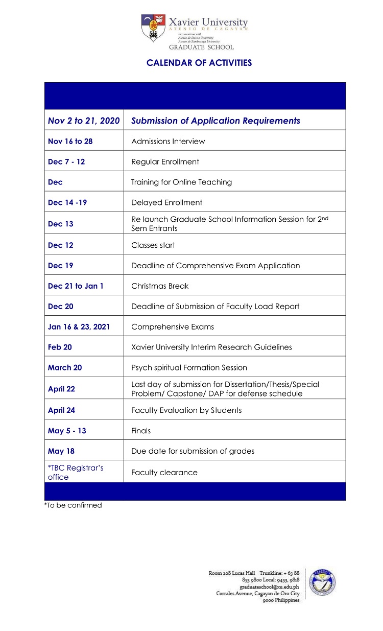 GRADUATE SCHOOL CALENDAR 1