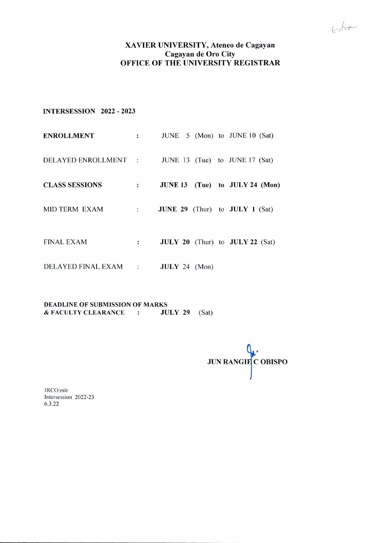 Xavier University Colleges School Calendar