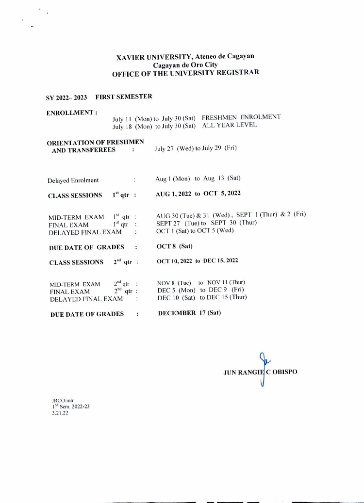 Xavier University - Colleges School Calendar