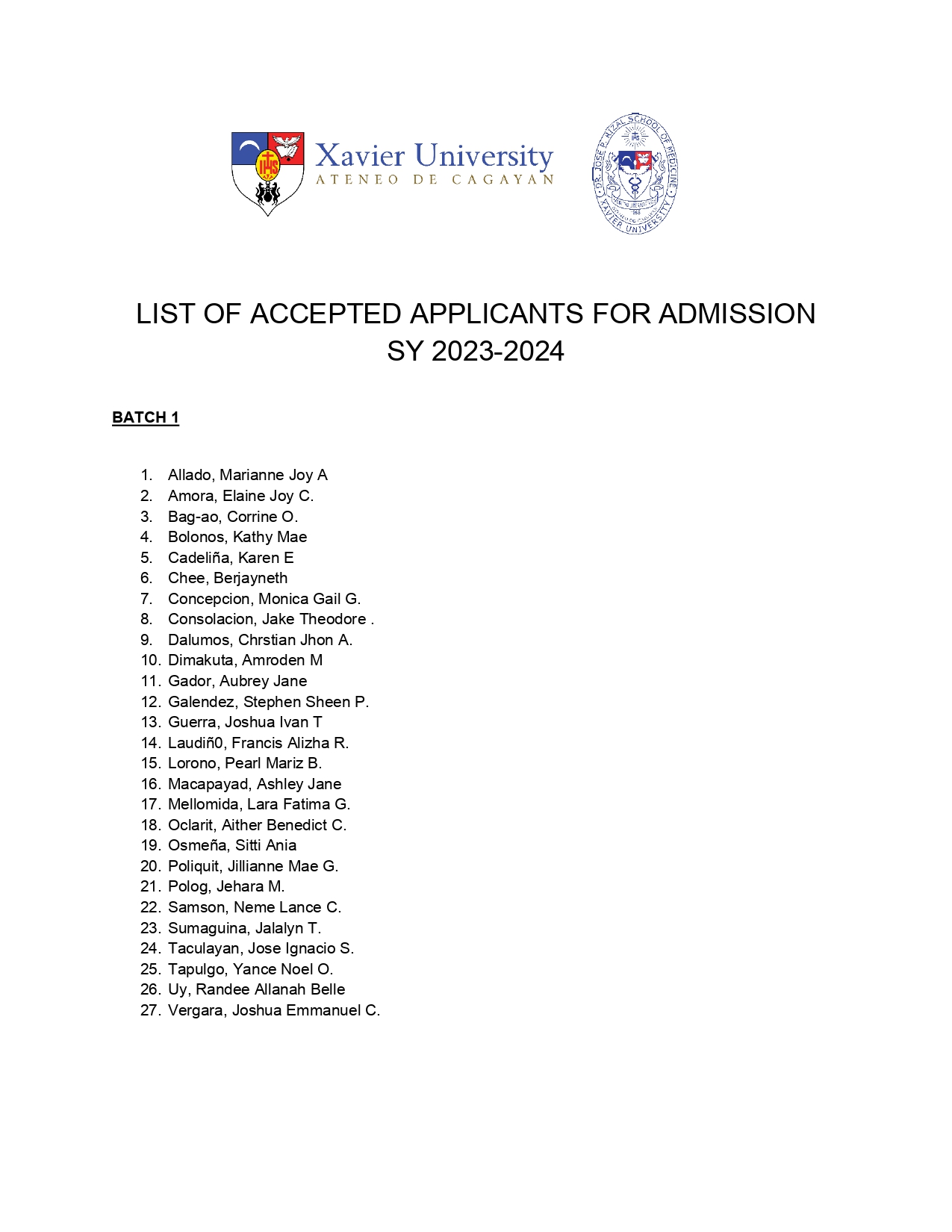 LIST OF ACCEPTED APPLICANTS FOR ADMISSION Revised page 0001