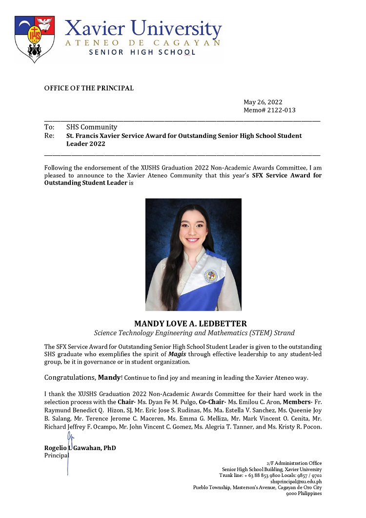 Memorandum 2122 013 St. Francis Xavier Service Award for Outstanding Senior High School Student Leader 2022 1 Rogelio Losod Gawahan page 0001