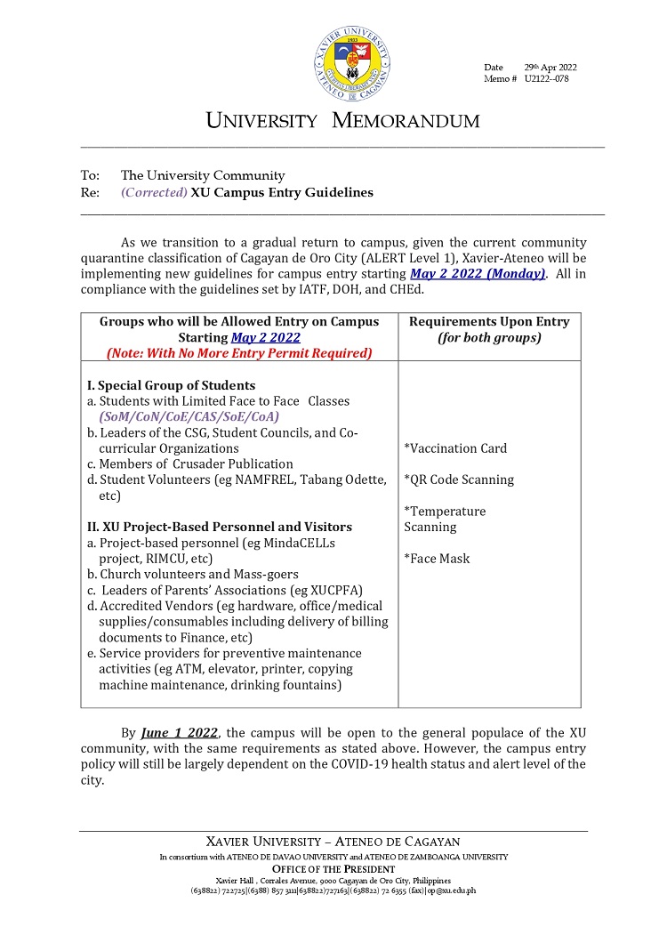 U2122 078 220429 Corrected XU Campus Entry Guidelines page 0001 Copy