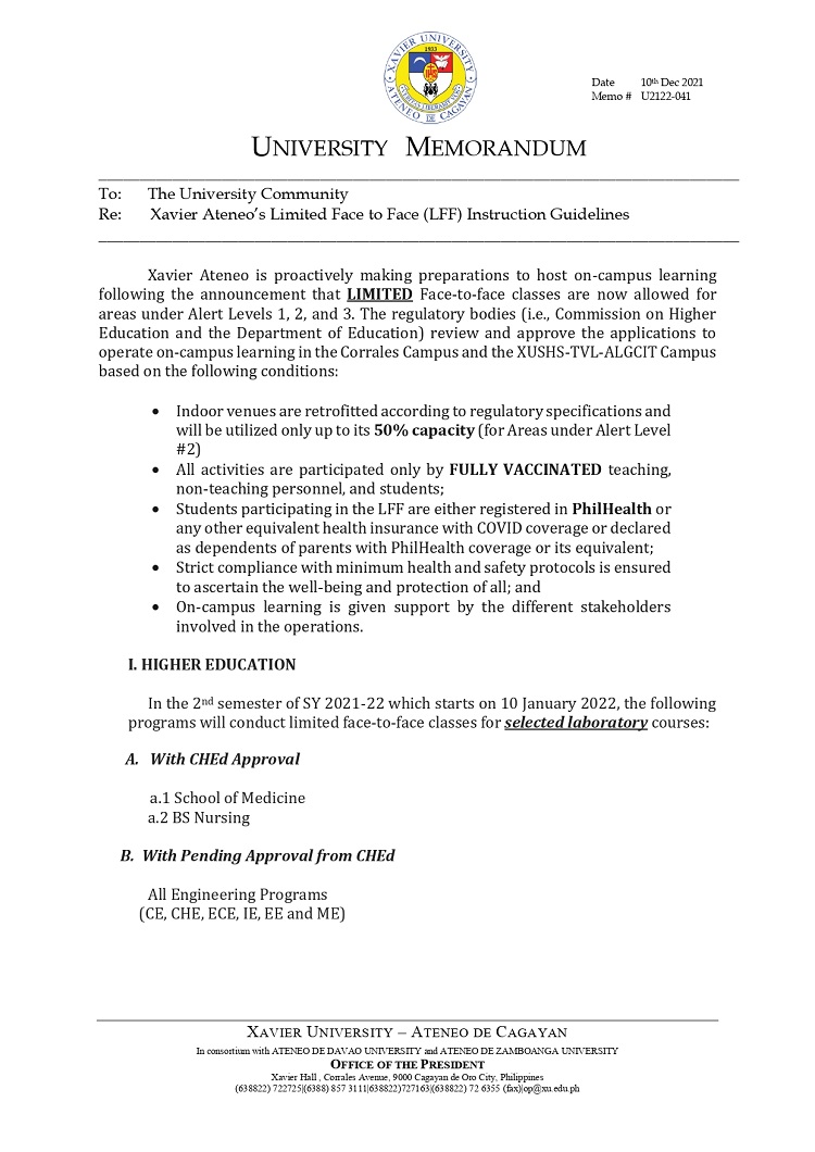 U2122 041 211210 Xavier Ateneo Limited Face to Face Instruction Guidelines page 0001