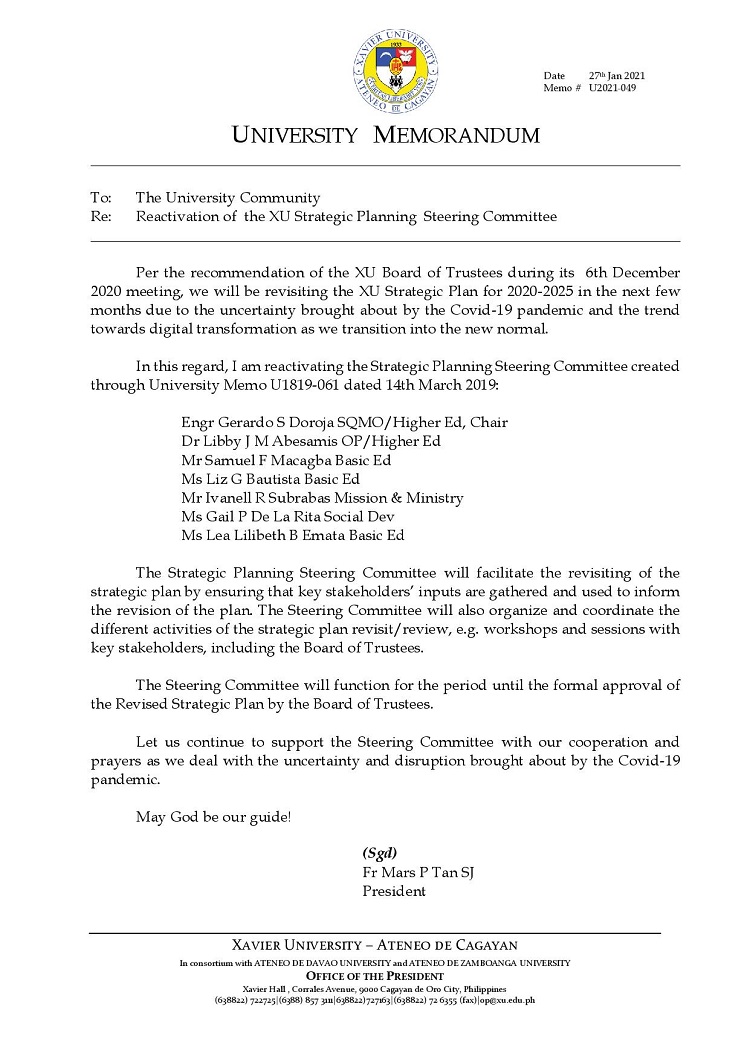 U2021 049 210127 Reactivation of XU Strategic Planning Steering Committee page 001