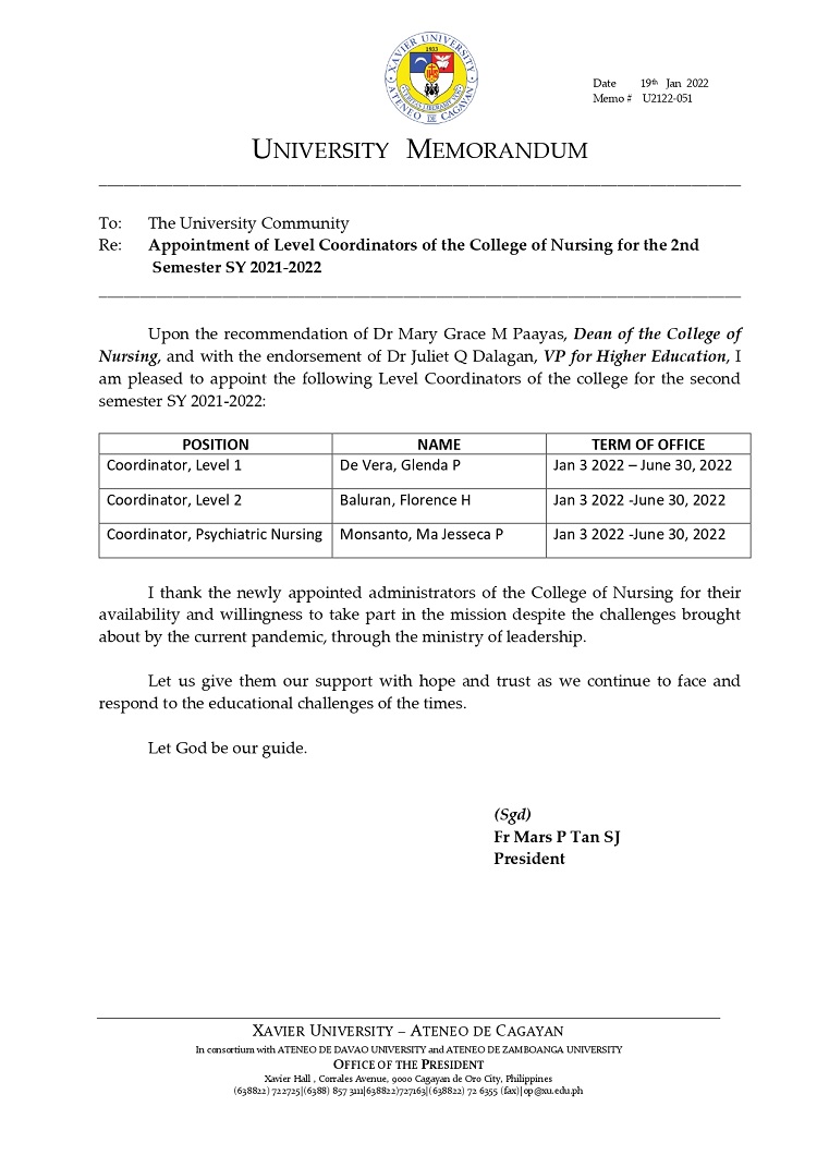 U2122 051 220119 Appointment of Level Coordinators of the College of Nursing for Second Semester SY 2021 2022 page 0001